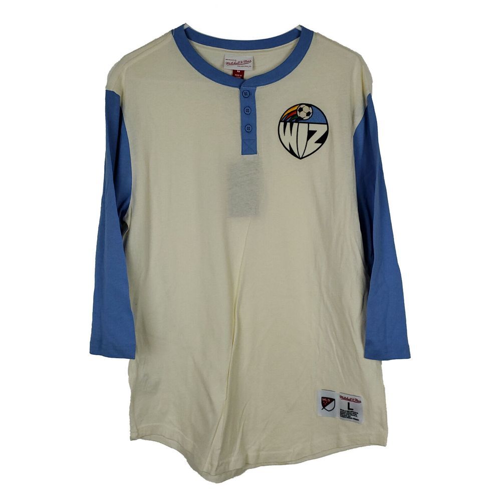 KC Wiz Mitchell & Ness MLS L Large Henley Shirt Cream Blue 3/4 Sleeve NWT
